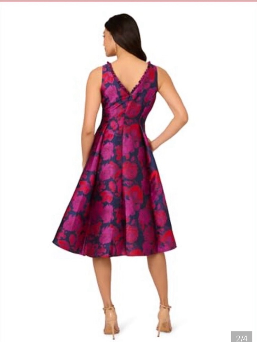 Adrianna Papell Magenta and Navy Floral High-Low V-Neck Dress - Picture 2 of 4